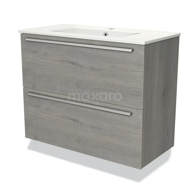 Graues Holz-Badmöbel mit zwei Schubladen und einem weißen Waschbecken; modernes Design, geeignet für Bäder.