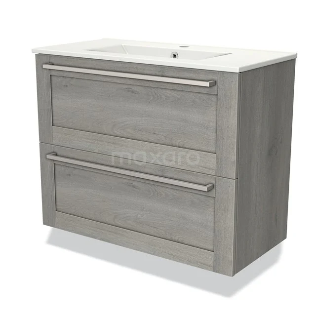 Modulo Slim Vanity units with basin | 80 cm Grey oak Frame front Ceramic 2 Stacked drawers BMW37-00670