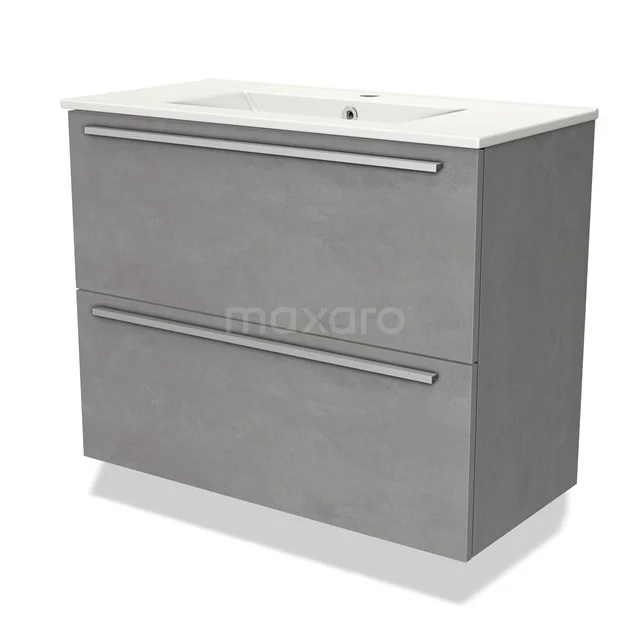Graue Badmöbel mit Betonlook, zwei Schubladen und weißem keramischen Waschbecken, modernes Design für stilvolle Badezimmer.