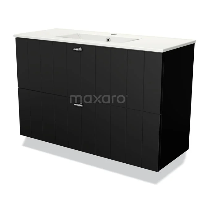 Black bathroom cabinet with two drawers, white ceramic basin worktop, sleek modern design, perfect for a stylish bathroom.