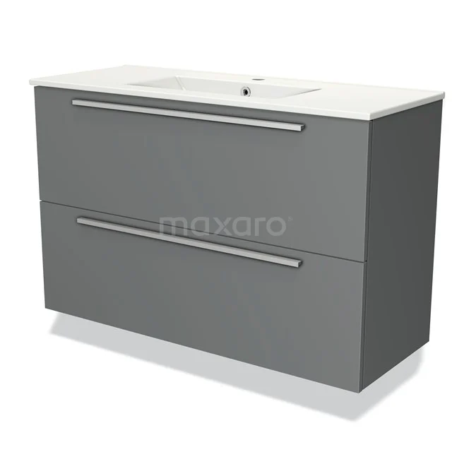 Grey bathroom furniture set with two drawers, matte finish and a white ceramic basin, ideal for modern bathrooms.