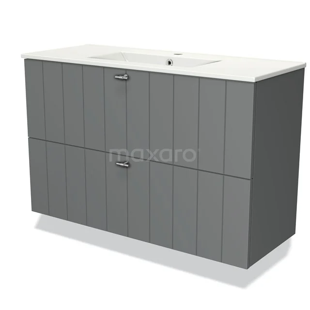 Grey vanity set with vertical lines, two drawers and ceramic basin, ideal for a modern bathroom design.