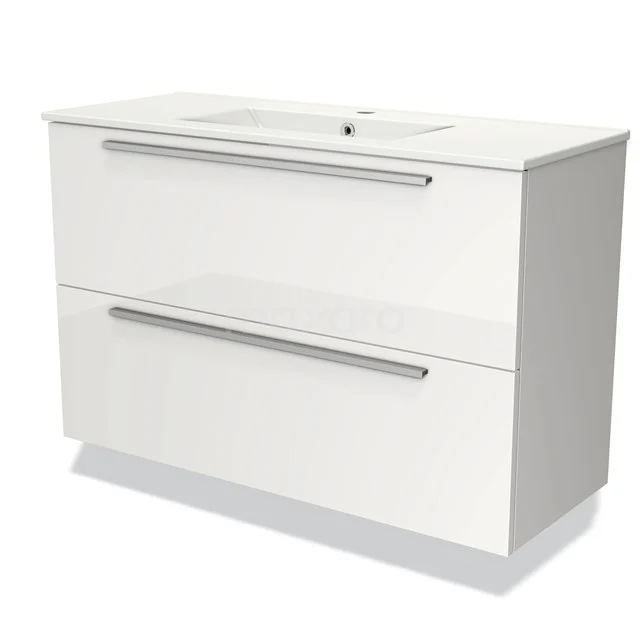 White bathroom unit with two drawers, sleek design, plastic fronts and integrated vanity units with basin; modern and space-saving.