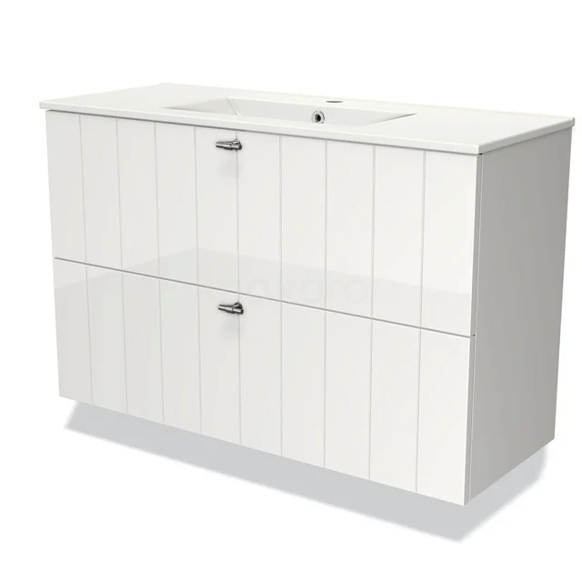 Modulo Slim Vanity units with basin | 100 cm High-gloss white Slat front Ceramic 2 Stacked drawers BMW37-00680