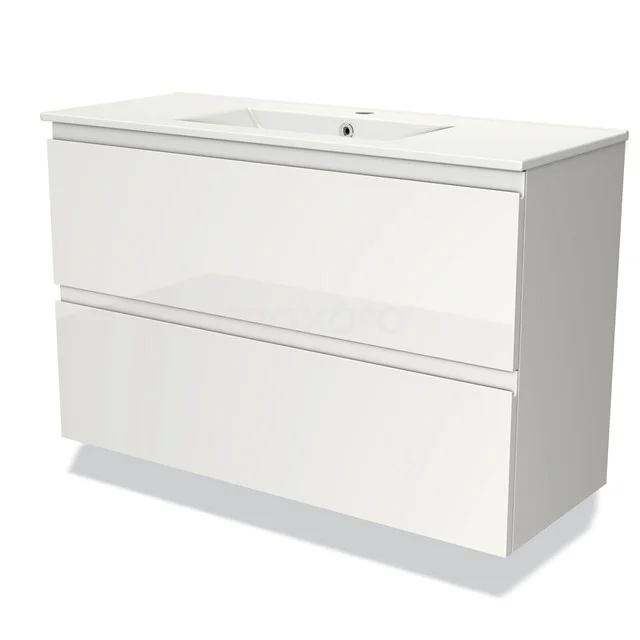 Badmöbel 100cm Modulo Slim Hochglanz Weiß 2 Schubladen Griffloses Waschbecken Keramik BMW37-00681 Weißes Badezimmermöbel mit doppelten Schubladen, schlichtes Design, Serie Classic, Hochglanz-Oberfläche und integriertem Waschbecken.