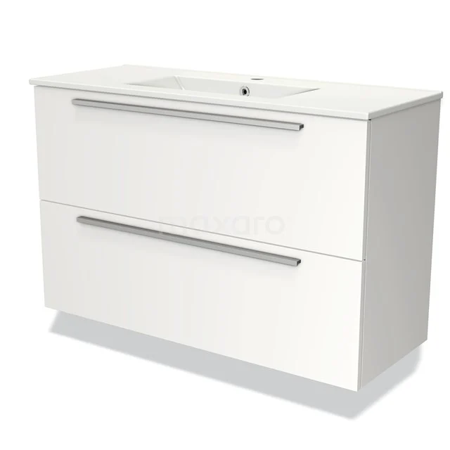 Badmöbel 100cm Modulo Slim Matt Weiß 2 Schubladen Flaches Waschbecken aus Keramik BMW37-00682 Weißes Badezimmermöbel mit zwei Schubladen, modernes Design, glatte Oberfläche und integriertes Waschbecken. Perfekt für jeden Badezimmerstil.