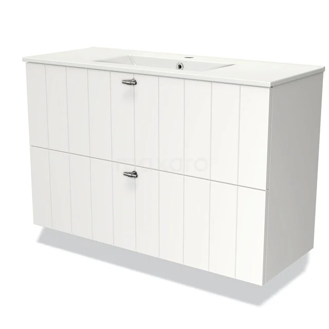 White wooden bathroom unit with two spacious drawers, integrated vanity units with basin and modern silver handles.