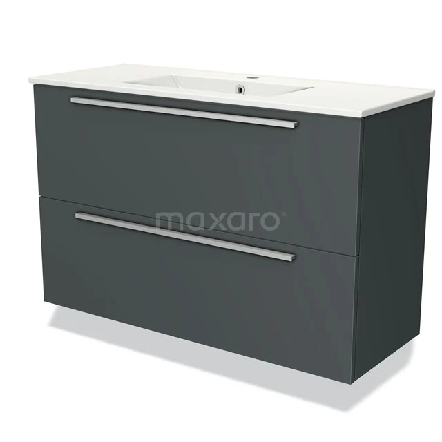 Dunkelgraue Badmöbelset mit doppelten Schubladen, eleganten Aluminiumhaltegriffen und keramischem Waschbecken, perfekt für moderne Bäder.