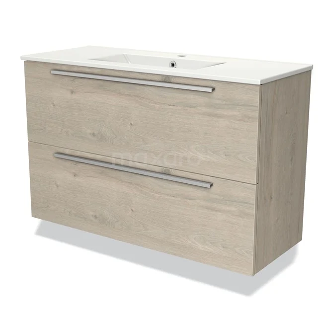 Badmöbel 100cm Modulo Slim Hellgraue Eiche 2 Schubladen Flaches Waschbecken aus Keramik BMW37-00691 Holz Badezimmermöbel mit Naturholzoptik, zwei Schubladen und integriertem Waschbecken. Perfekt für einen modernen Stil.