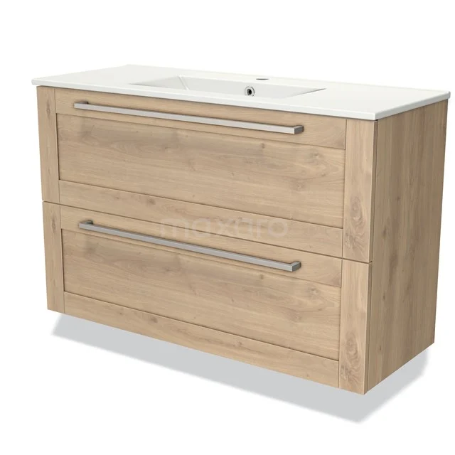 Wooden bathroom unit with light Oak finish, two wide drawers and a white Vanity units with basin made of ceramic, modern and stylish.