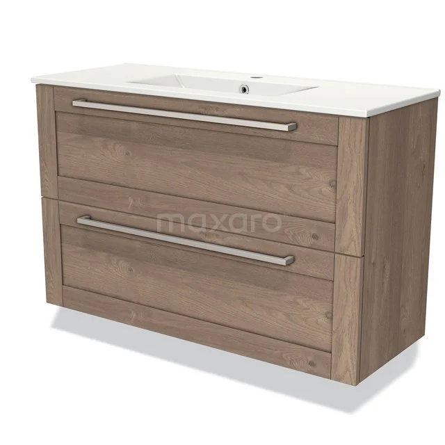 Wooden bathroom unit with two drawers, a white vanity units with basin and metal handles, modern design for stylish bathrooms.