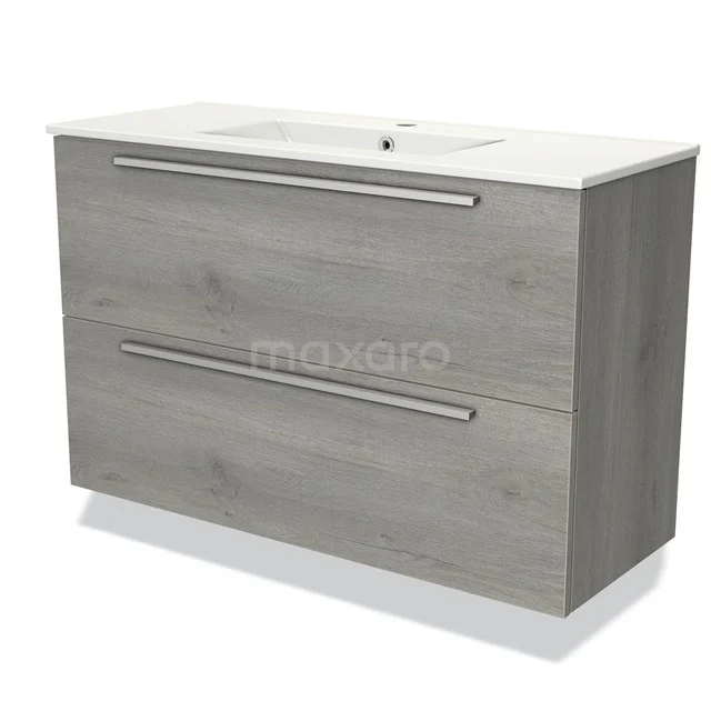Modulo Slim Vanity units with basin | 100 cm Grey oak Flat front Ceramic 2 Stacked drawers BMW37-00701
