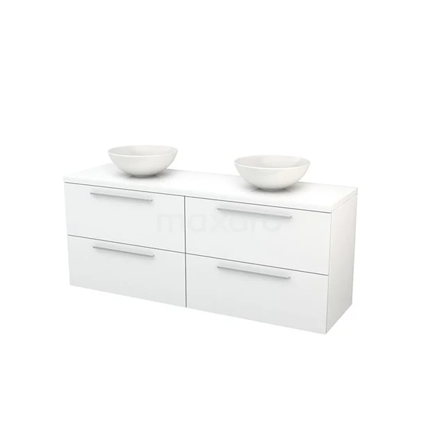 Weißes Badezimmermöbel mit zwei Aufsatzwaschbecken, vier Schubladen, moderner Verarbeitung und schickem Design für ein funktionales Badezimmer.