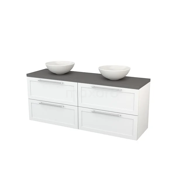 White bathroom furniture set with double basin, black worktop and modern drawers, ideal for a stylish bathroom upgrade.