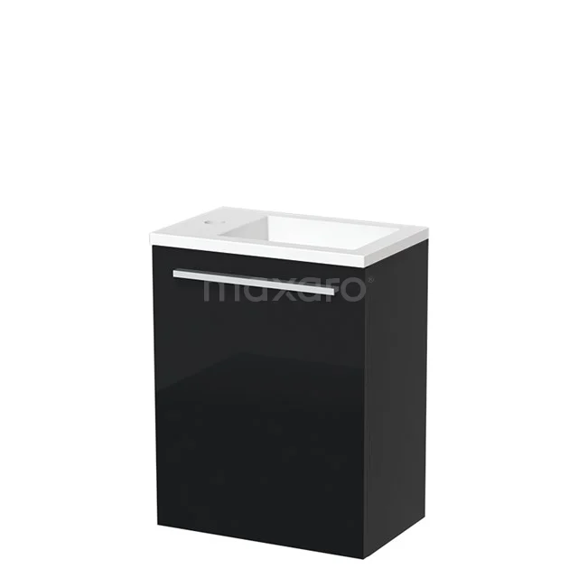 Schwarzer Badschrank mit glänzender Oberfläche und eingebautem weißen Waschbecken, stilvolles Design für kompakte Badezimmerlagerung.