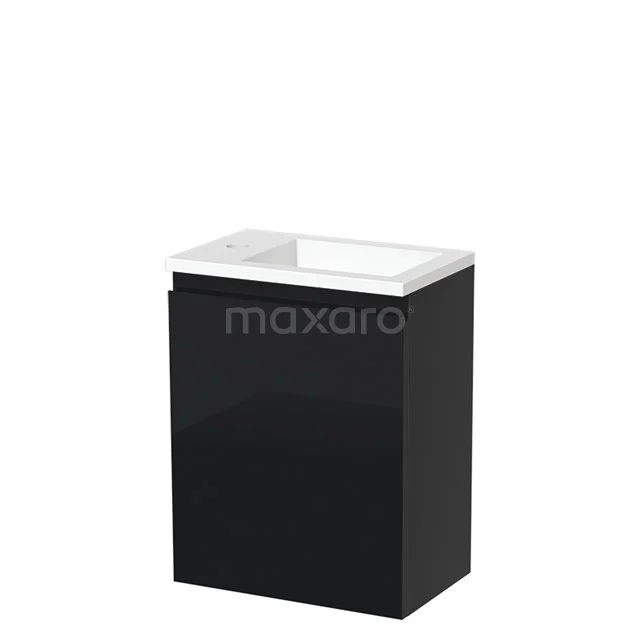 Black base cabinet with white ceramic basin, compact design, ideal for modern bathroom design.