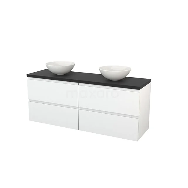 Modulo+ Plato Badmöbel mit Aufsatzwaschbecken | 160 cm Hochglanz Weiß Grifflos front Kohlenstoff blatt 4 Schubladen BMK002730 Weißes Badezimmermöbel mit schwarzer Oberfläche, doppelten Aufsatzwaschbecken und vier Schubladen, schlankes modernes Design für eine stilvolle Badezimmergestaltung.