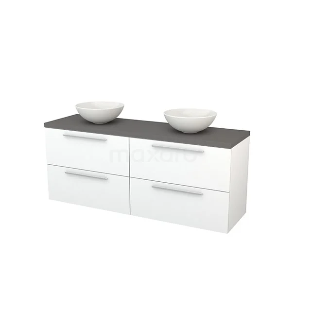 Modulo+ Plato Vanity units for countertop basin | 160 cm Matte white Flat front Basalt worktop 4 drawers BMK002735 White Bathroom unit with four drawers, dark wood-look top and two round basins, ideal for modern bathrooms.