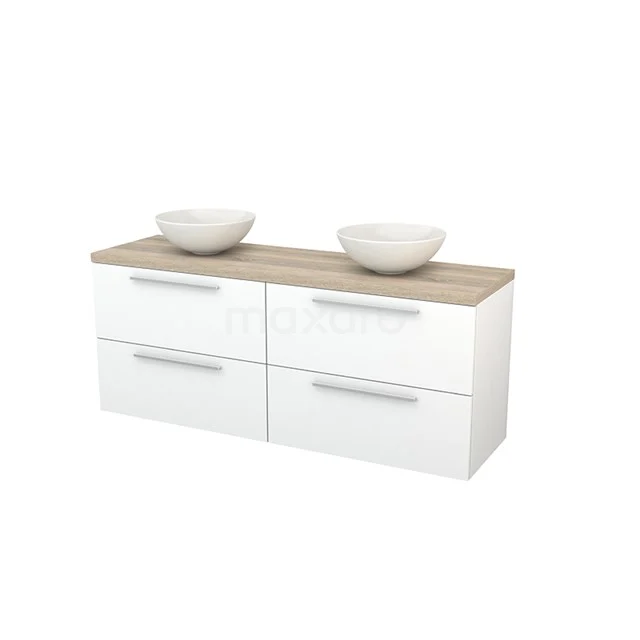 Moderne weiße Badschrank mit Holzlook Platte, doppelten Aufsatzwaschbecken und 4 Schubladen für stilvolle Aufbewahrung im Badezimmer.