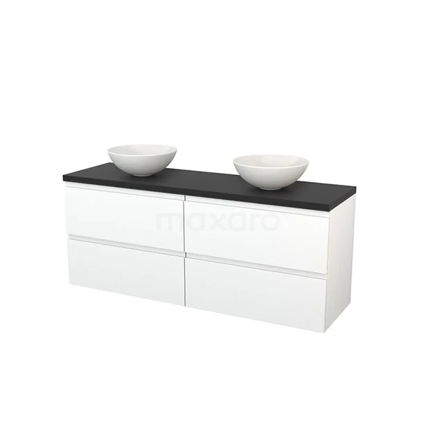 Weiße Badmöbelset mit zwei keramischen Aufsatzwaschbecken und einer schwarzen Holz Waschtischplatte, modernes Design.