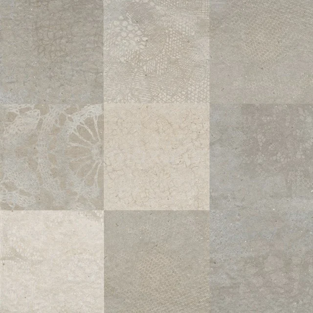 Tile sample, Floor tile/Wall tile, Viene Saffron Decor 303-0312TS Light grey ceramic bathroom tile with matte finish and subtle patchwork design, ideal for modern bathrooms.