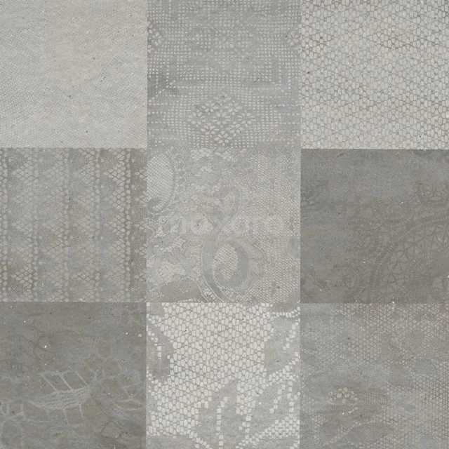 Fliesenmuster, Bodenfliese/Wandfliese, Viene Ombre Grey Dekor 303-0314TS Graue Badezimmerfliese mit dekorativem Muster, quadratischem Design und matter Oberfläche, ideal für moderne und stilvolle Bäder.