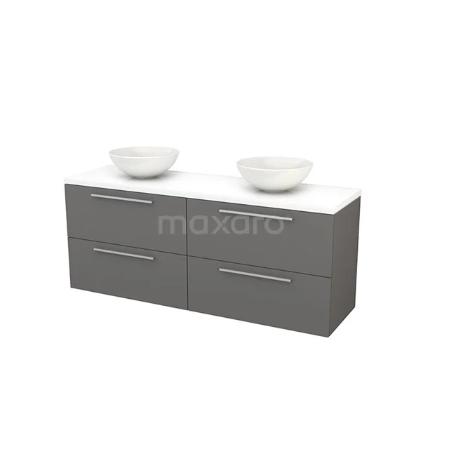 Grey bathroom furniture set with double countertop wash basins, modern sleek look, four drawers and a white top.