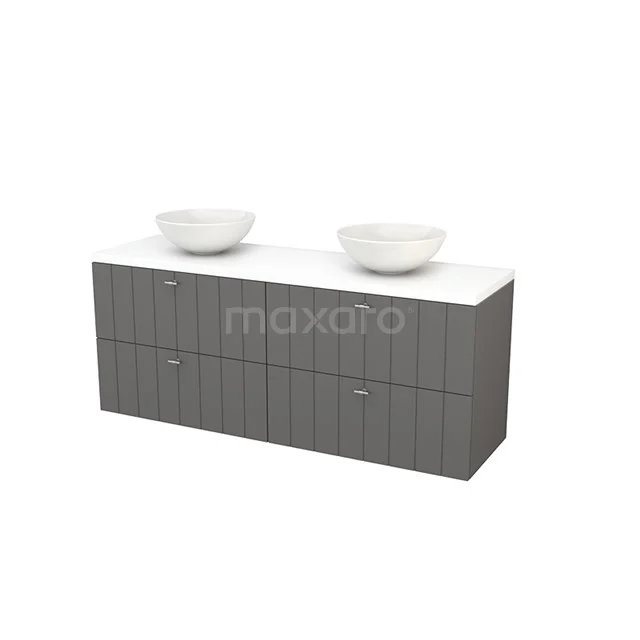 Modulo+ Plato Vanity units for countertop basin | 160 cm Matte white Slat front Matte white worktop 4 drawers BMK002761 Grey bathroom furniture set with double basin, wood-look panels and white table top for stylish and practical bathroom design.