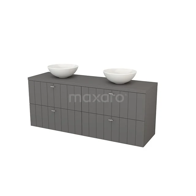 Grey double bathroom cabinet with two round countertop wash basins, handleless drawers and woodgrain design for a modern bathroom style.