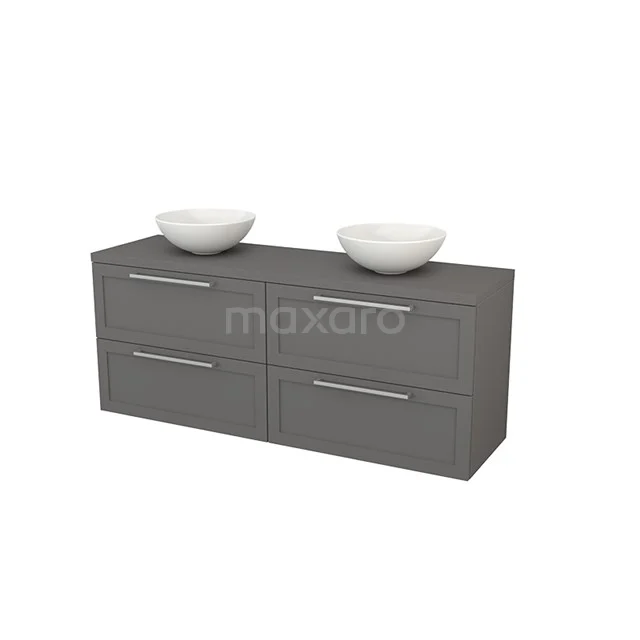 Grey double bathroom unit with four drawers, white drawers and metal handles; modern design for stylish bathrooms.