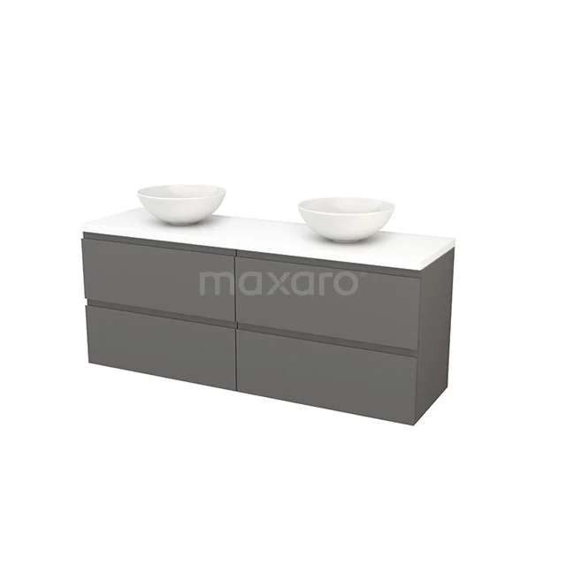 Modulo+ Plato Vanity units for countertop basin | 160 cm Matte white Handle-less front Matte white worktop 4 drawers BMK002767 Grey double vanity unit with white ceramic countertop wash basins, sleek design, ideal as a modern bathroom solution.