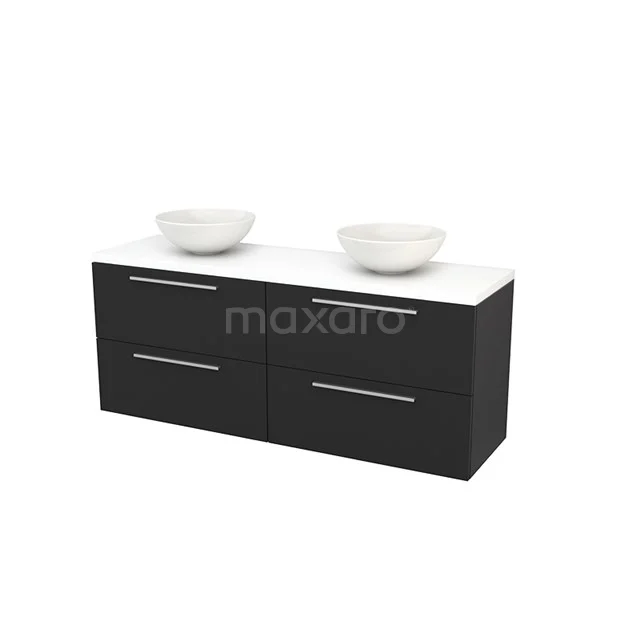 Black bathroom unit with double white vanity units with basin, sleek design, ideal for modern bathrooms.