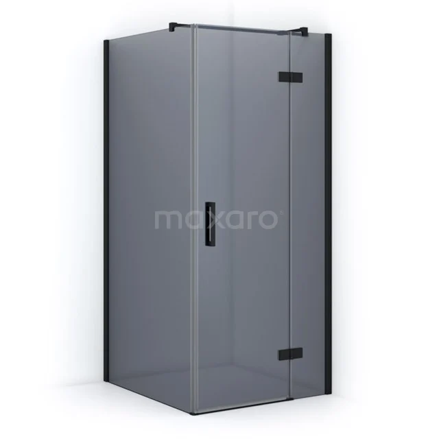 Shower enclosure with black accents, tempered glass and corner step, ideal for modern bathrooms.