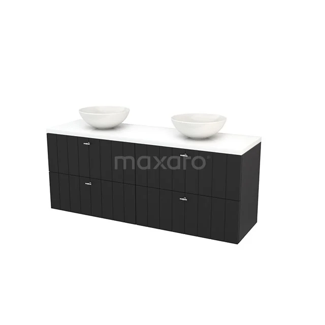 Modulo+ Plato Vanity units for countertop basin | 160 cm High-gloss white Slat front High-gloss white worktop 4 drawers BMK002774 Black bathroom unit with double basin, marble worktop and white top bowls; modern and spacious design for luxury bathrooms.