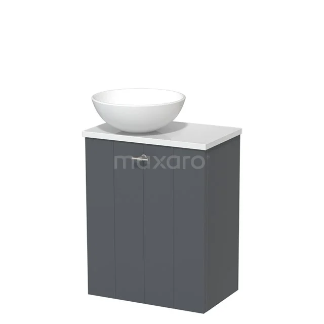 Grey bathroom cabinet with white ceramic countertop wash basin, modern design, compact size, perfect storage space for small bathrooms.
