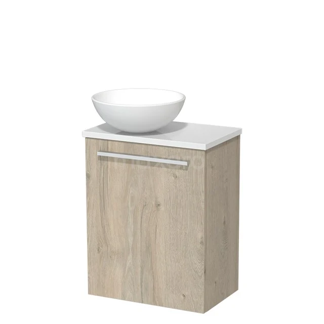 Holzunterbau mit weißem Waschbecken, kompaktes Badezimmermöbel in heller Holzfarbe, ideal für moderne Bäder.