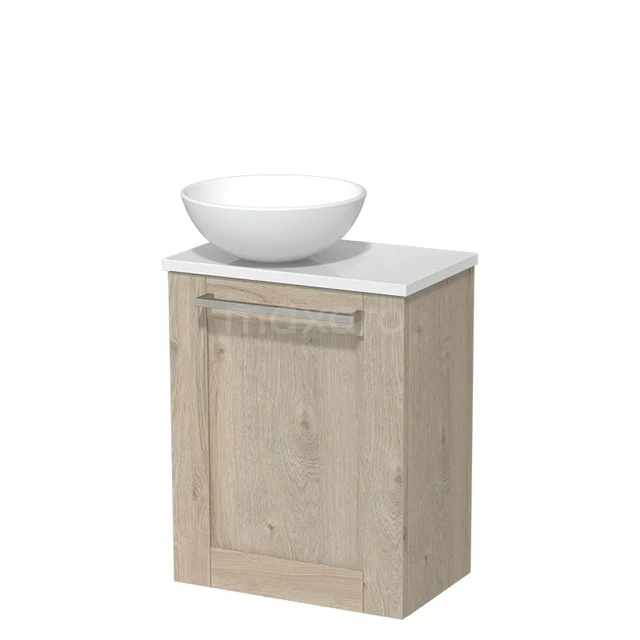 Holz-Badmöbel mit weißem keramischen Aufsatzwaschbecken, Schranktür und modernem Design, ideal für kompakte Badezimmerlösungen.