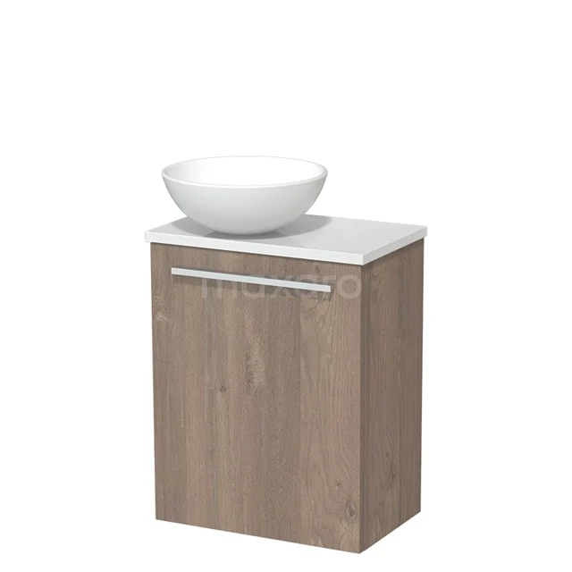 Toilet unit with wash basin | 41 cm Mid brown oak Flat front Matte white Ceramic countertop wash basin High-gloss white worktop TMK10-03841