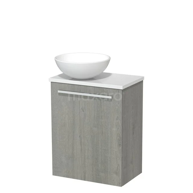 Bathroom cabinet with grey wood look, white basin bowl and silver handle, compact and modern design.