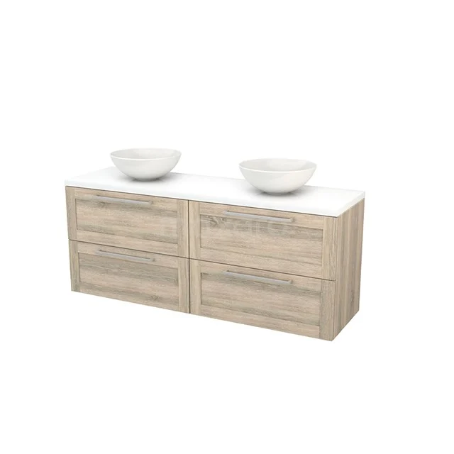 Wooden bathroom unit with double vanity units for countertop wash basins, light oak finish and four drawers, ideal for modern bathroom storage.