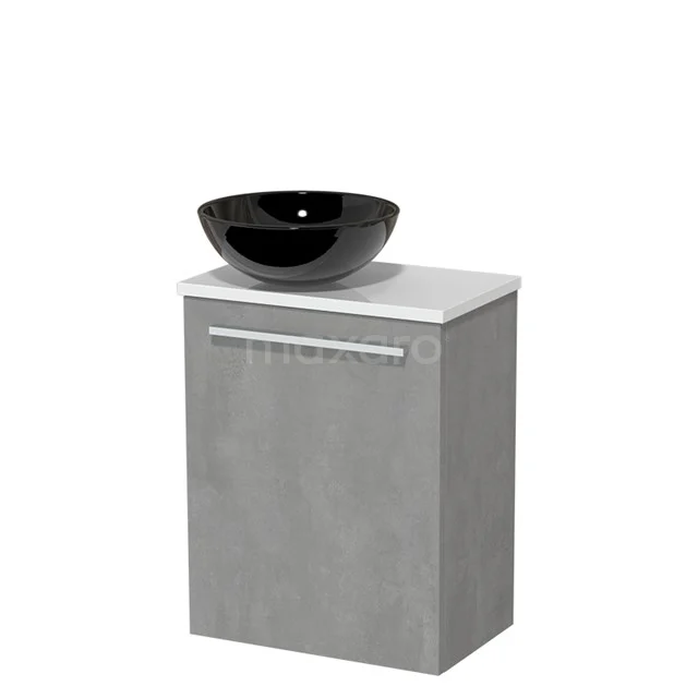 WC-Möbel mit Aufsatzwaschbecken | 41 cm Hellgrauer Beton Glatte Front Hochglanz Schwarz Aufsatzwaschbecken aus Keramik Hochglanz Weiß TMK10-04411 Grauer Badschrank mit schwarzem Aufsatzwaschbecken, modernes Design aus Betonlook-Material, ideal als stilvolles Waschtisch.
