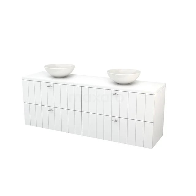 Modulo+ Plato Vanity units for countertop basin | 180 cm High-gloss white Slat front High-gloss white worktop 4 drawers BMK002806 White bathroom unit with double basin, horizontal panels and porcelain bowls, ideal for modern bathroom design.