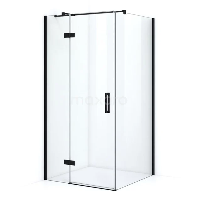 Clear glass shower enclosure with black metal profiles, modern corner shape, perfect for a stylish bathroom upgrade.