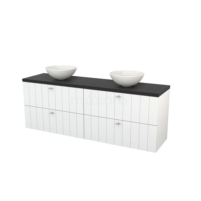 Modulo+ Plato Vanity units for countertop basin | 180 cm High-gloss white Slat front Carbon worktop 4 drawers BMK002808 White double bathroom unit with black worktop and round vanity units for countertop wash basins, modern design, perfect for stylish bathrooms.