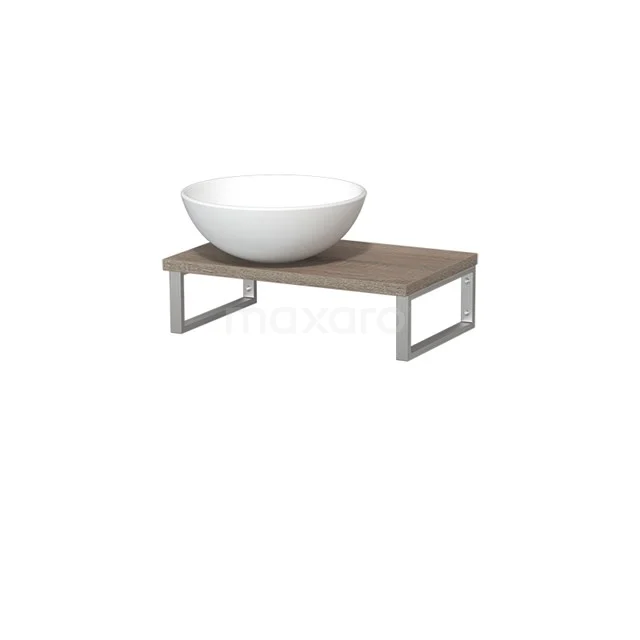 Modulo Pico Waschtischplatte mit Aufsatzwaschbecken | 41 cm Eiche Matt Weiß Keramik TMK01-00192 Weiße keramische Aufsatzwaschbecken auf Holzregal mit Metallbeinen, ideal als moderne Waschbeckenlösung für das Badezimmer.