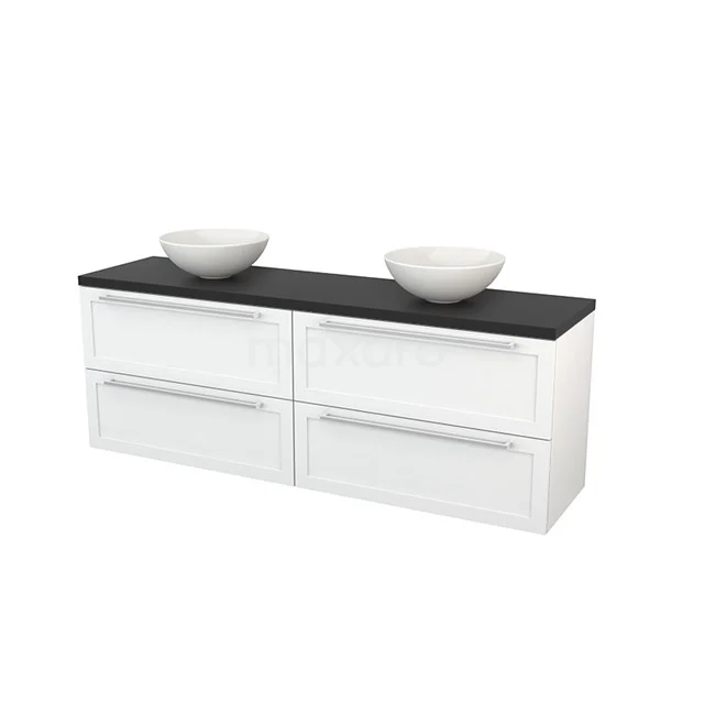 Weißen Badschrank mit schwarzer Holz-Waschtischplatte, doppelten Aufsatzwaschbecken und vier Schubladen für optimalen Stauraum.