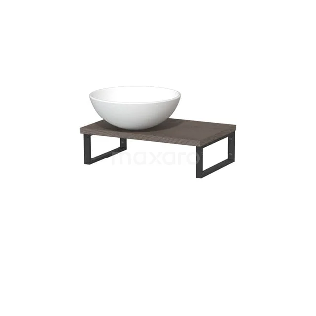 Aufsatzwaschbecken aus weißer Keramik auf einem modernen Badmöbel mit dunkler Holzplatte und schwarzem Metallrahmen.