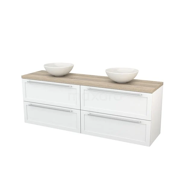 Modulo+ Plato Badmöbel mit Aufsatzwaschbecken | 180 cm Hochglanz Weiß Rahmen front Eiche blatt 4 Schubladen BMK002815 Weißes Badezimmermöbel mit Holzplatte, doppelten Aufsatzwaschbecken und vier Schubladen. Modernes Design, ideal für geräumige Bäder.