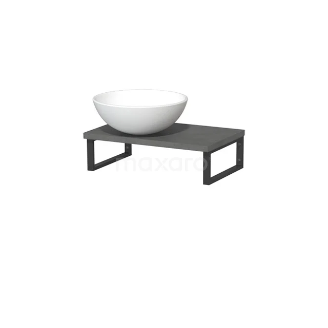 Weiße keramische Aufsatzwaschbecken auf grauer Holz-Waschtischplatte mit schwarzem Metallrahmen, modernes Badezimmerdesign für stilvolle Einrichtung.