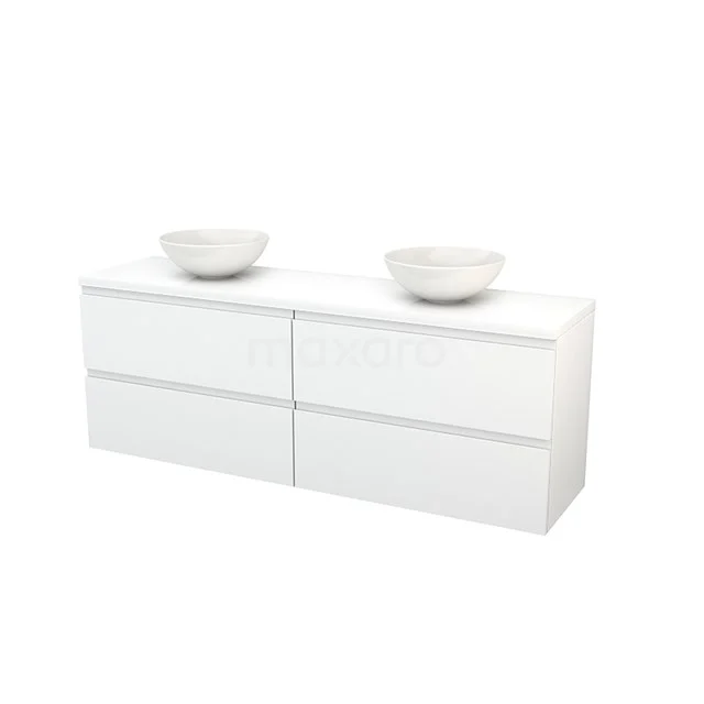 Weißes Badezimmermöbel mit doppelten Aufsatzwaschbecken, schlankem Design und vier Schubladen, ideal für moderne Bäder.